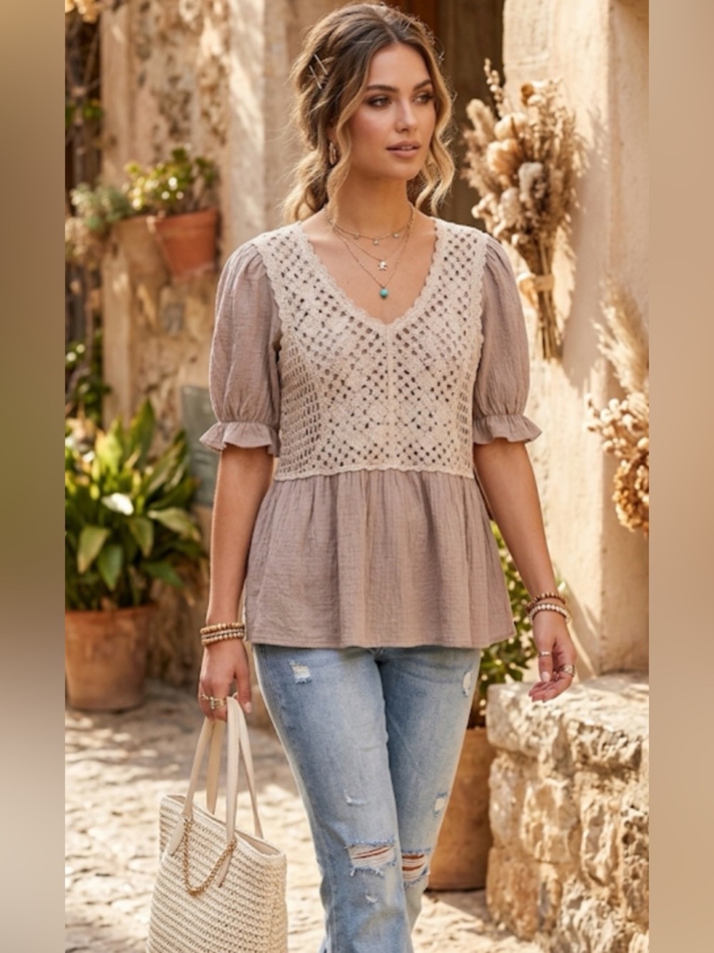 Tea n rose NWT‎ womens top M/L crochet flawless boho western neutral cottage
